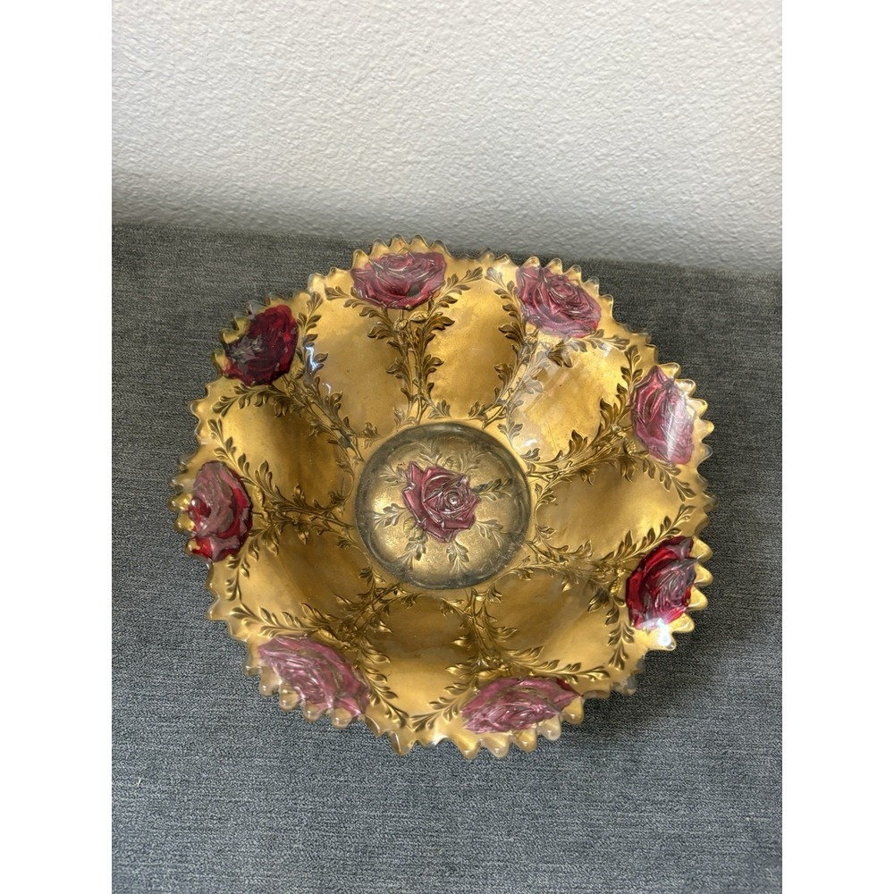Vintage 1950's Goofus Glass Painted Gold with Red Roses Sawtooth Serving Bowl